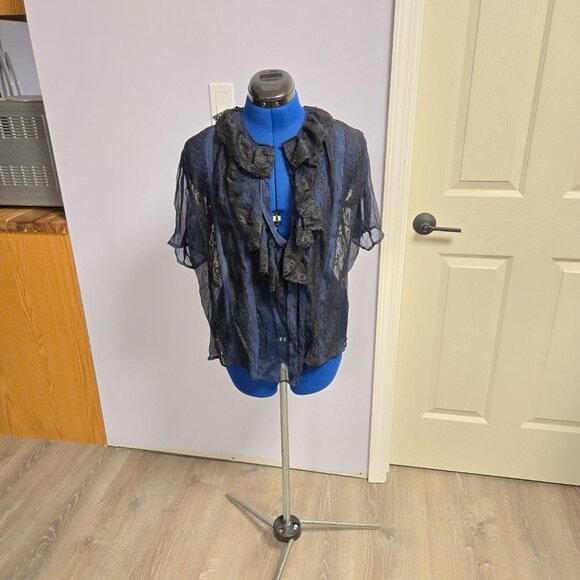 Chasing Unicorns Fly Like an Eagle Silk Chiffon Blouse, Black and Navy, M, NWT - Picture 2 of 5